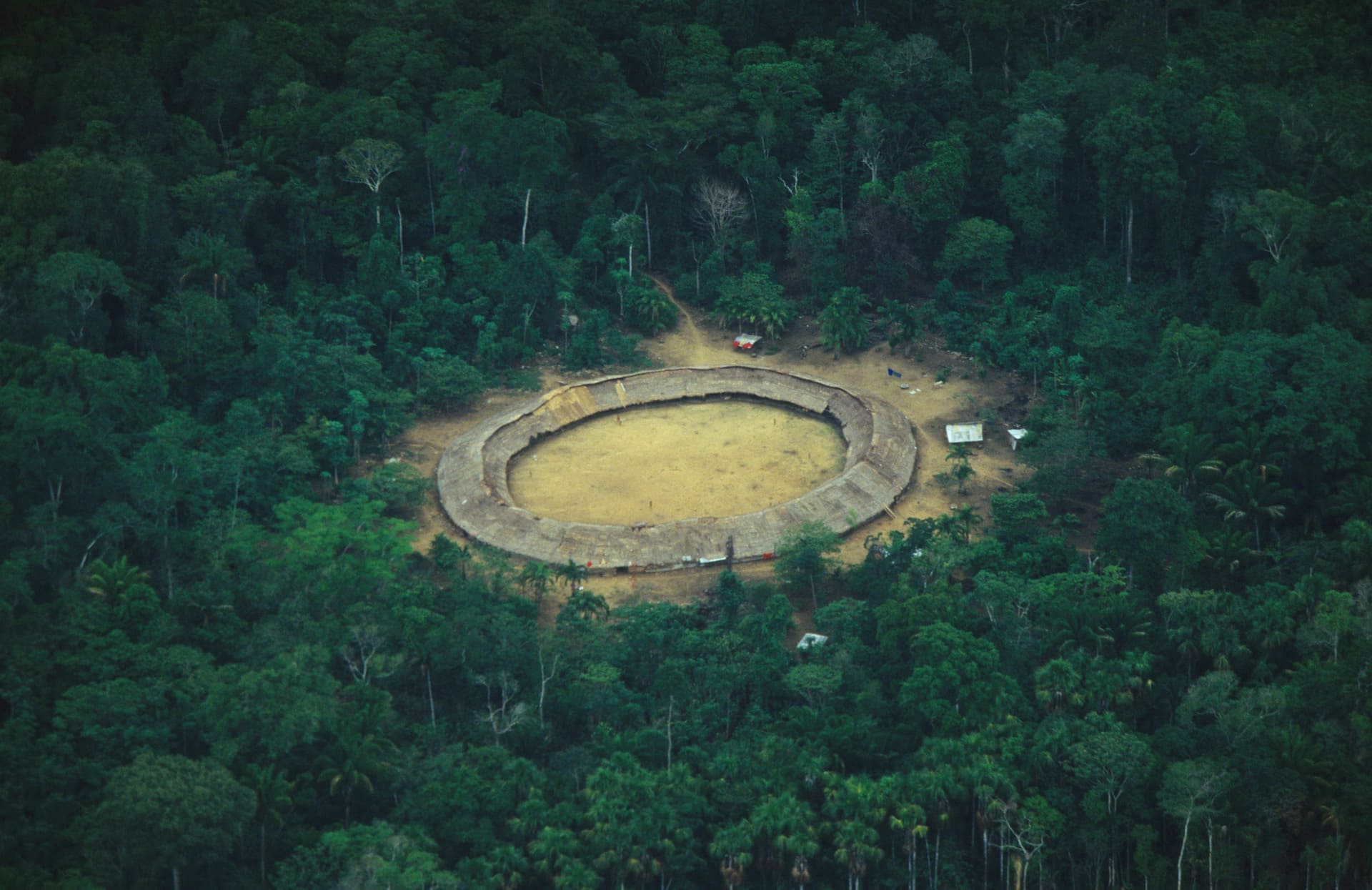 Aerial view of a Molaca, traditional communal dwelling, constructed by Yanomami people