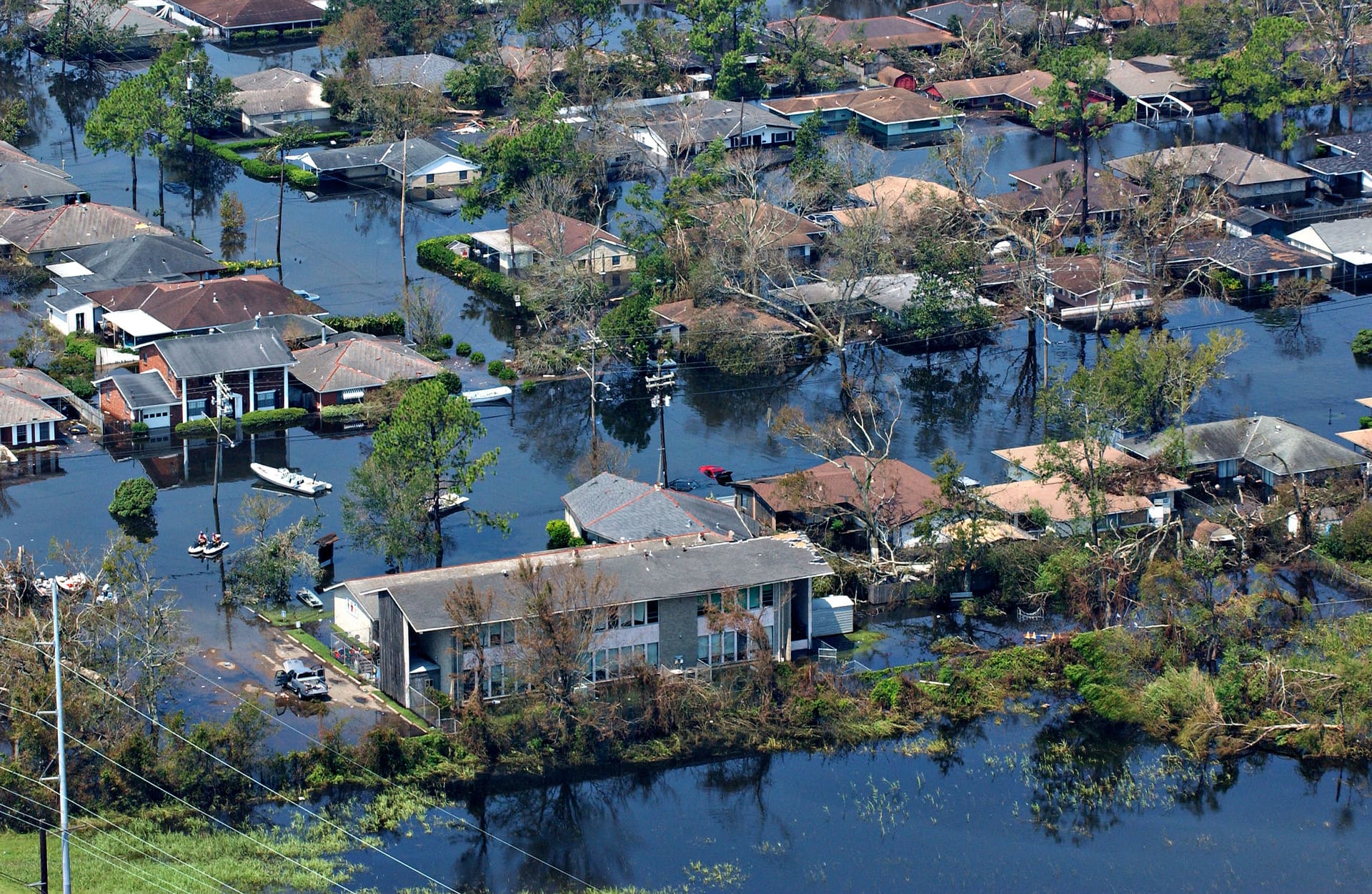 Aerial view of massive flooding and destruction in the aftermath of Hurricane Katrina