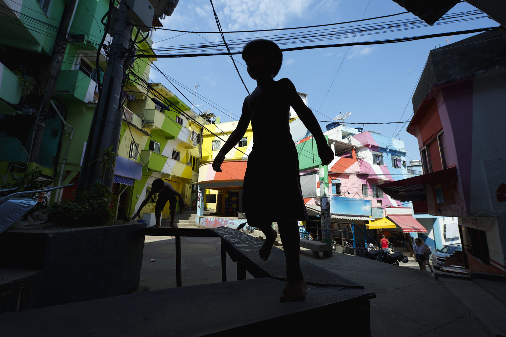 Colorful painted buildings of Favela Santa Marta in Rio de Janeiro with silhouette