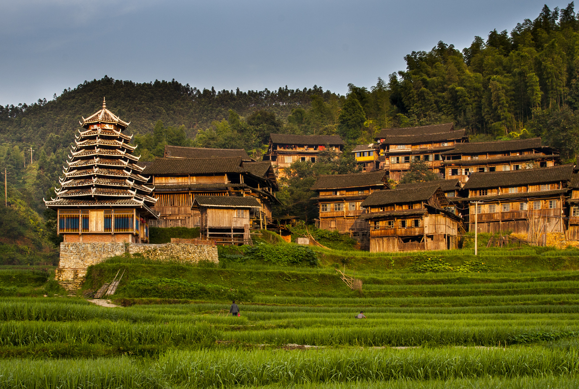 Sunrise on the western section of Gaoxiu Village with women’s drum tower